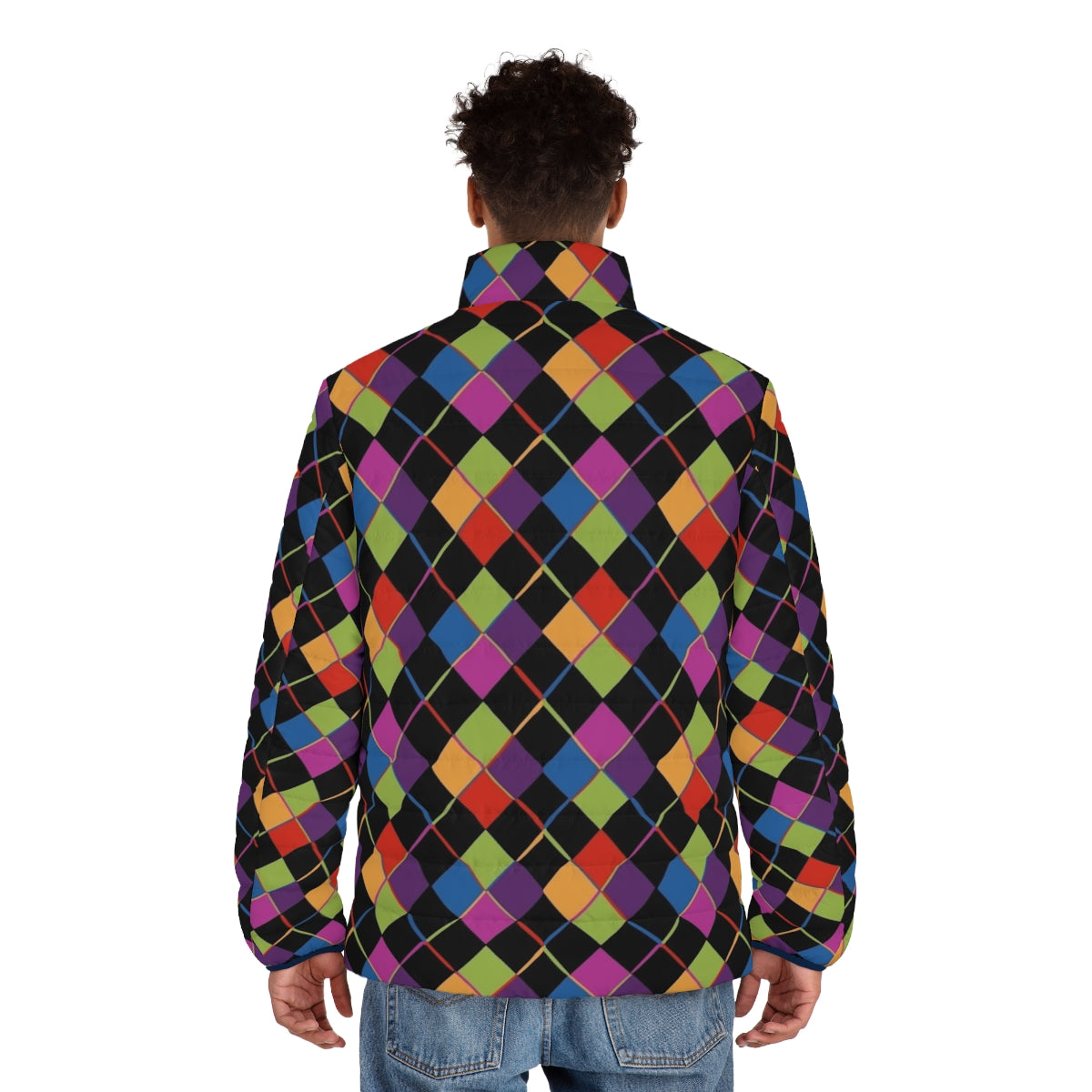 Colorful 1980s-inspired puffer jacket with a bold rainbow diamond pattern - men back