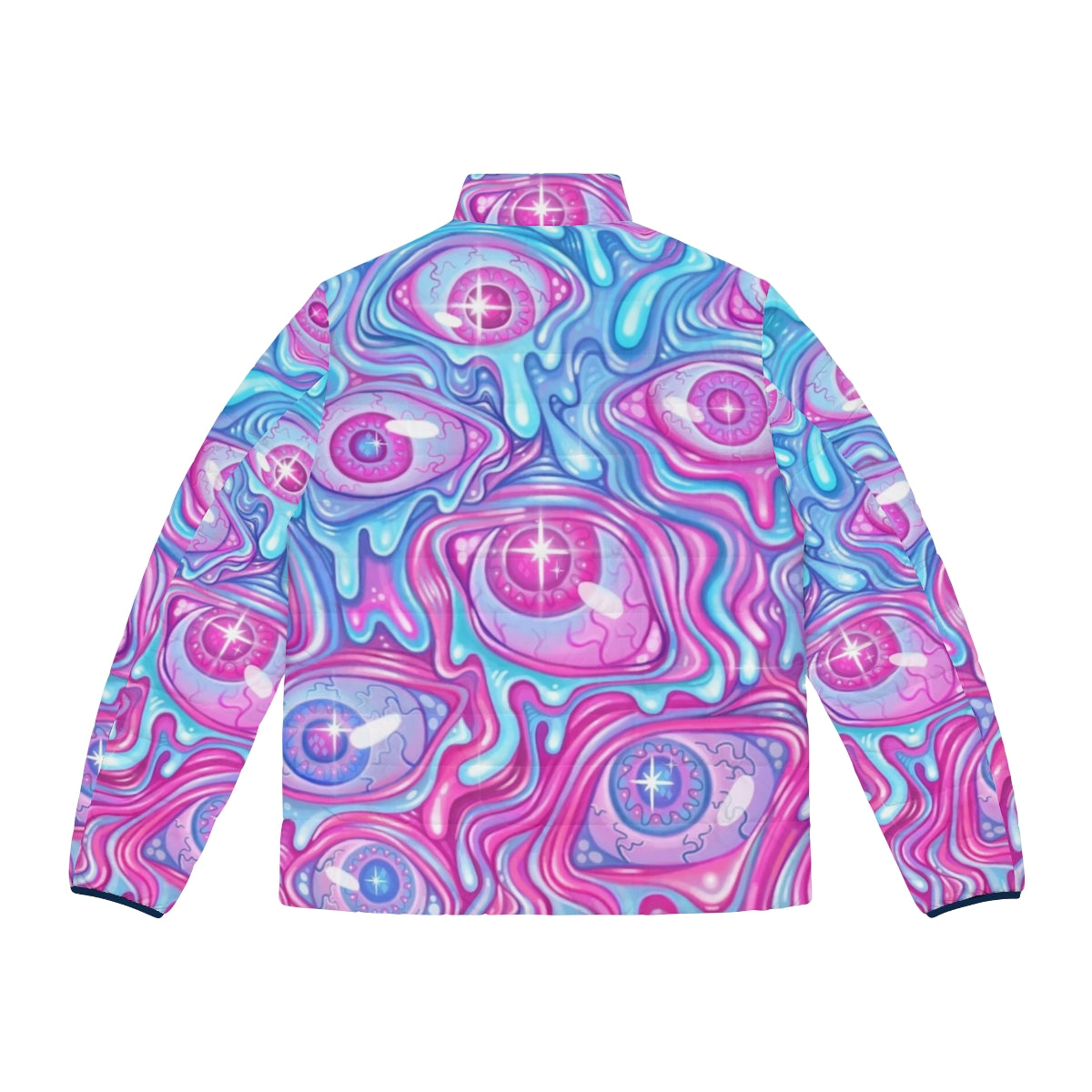 Colorful puffer jacket with a vibrant eyeball pattern design - Back