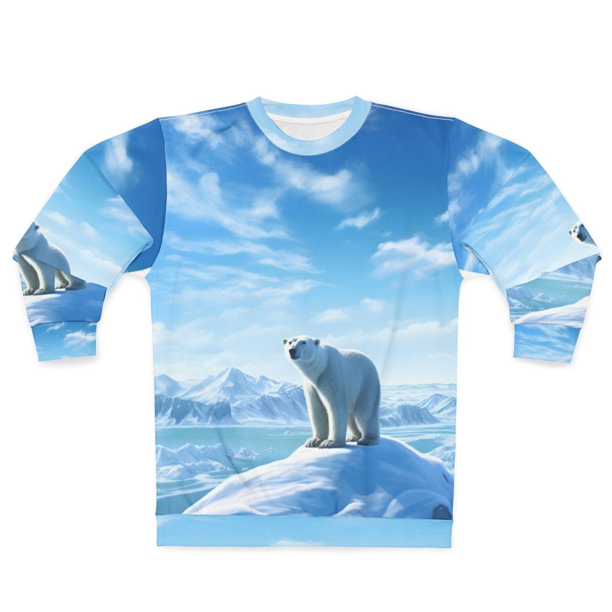 Polar bear in an arctic landscape printed on a gray sweatshirt