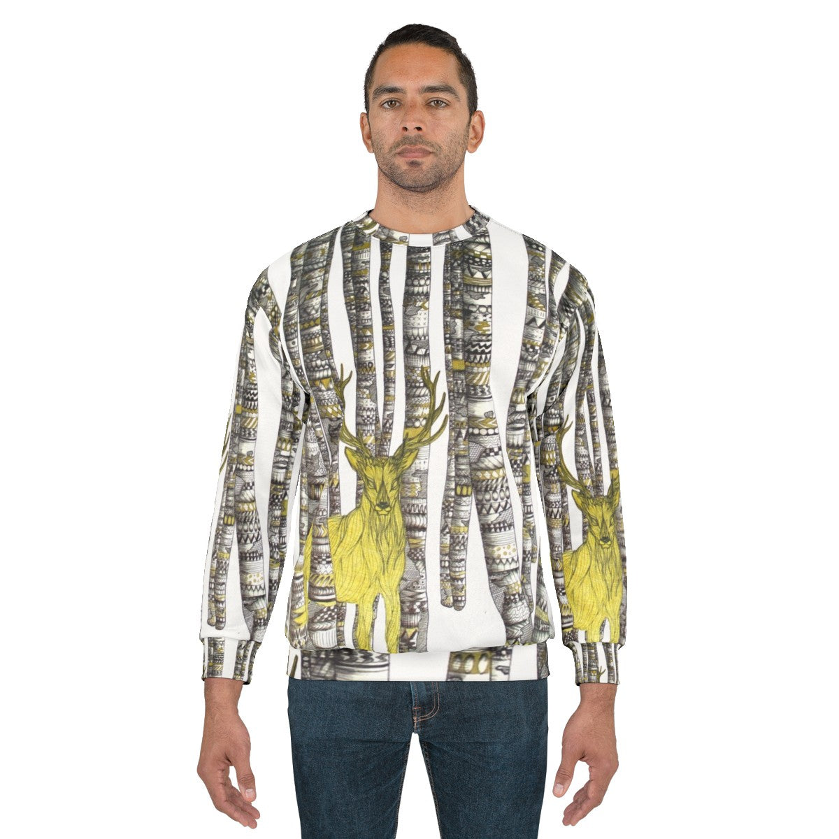 Golden stag silhouette on a cozy black and white sweatshirt - men