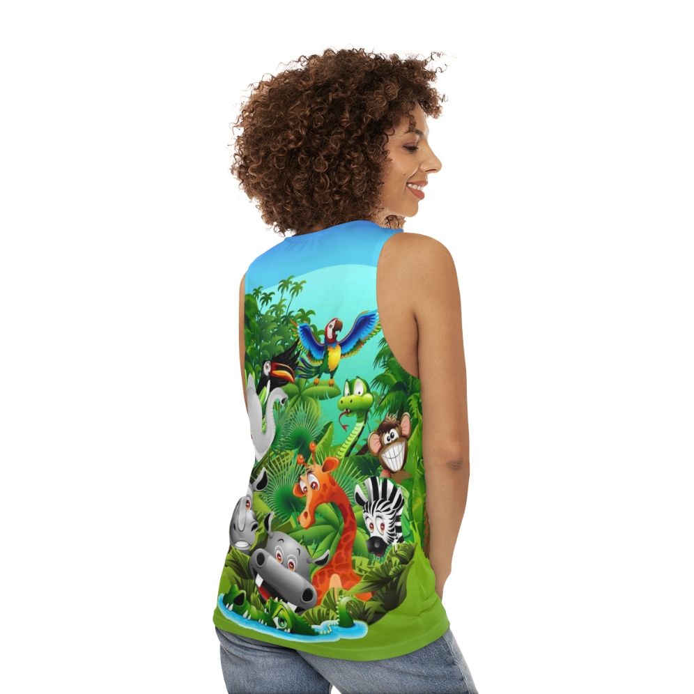 Unisex tank top with jungle-themed animal print design - women back