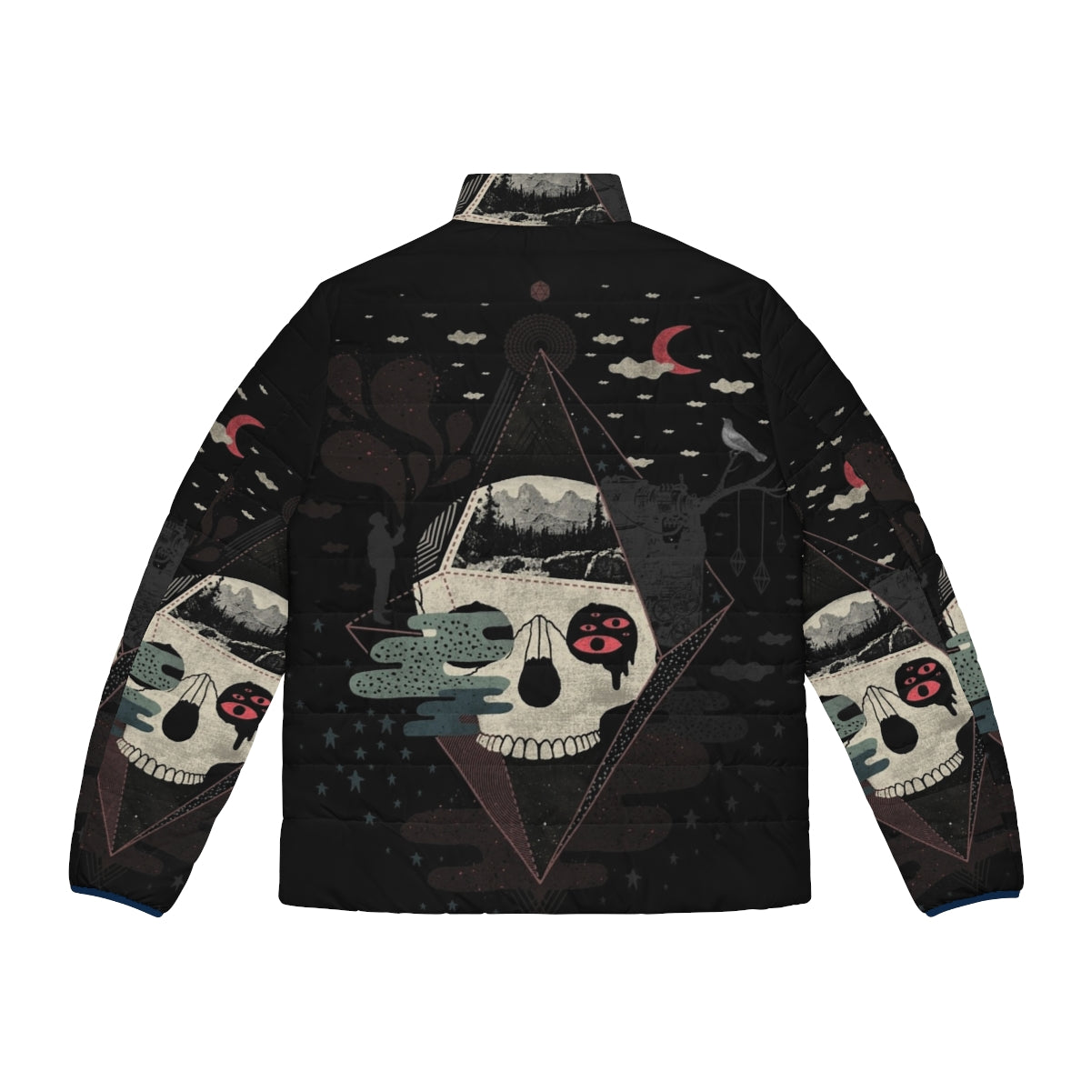 Cozy puffer jacket with surreal, abstract night and nature design - Back