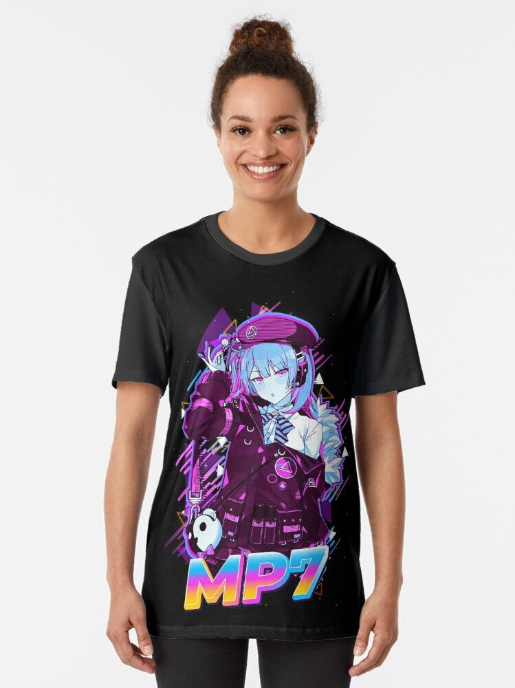 Girls Frontline anime graphic t-shirt featuring cute girl and gun design - Women