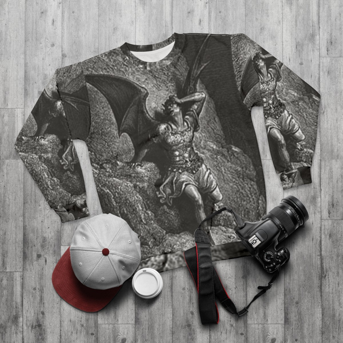 Vintage Gustave Dore Satan Profile Illustration Sweatshirt - flat lay