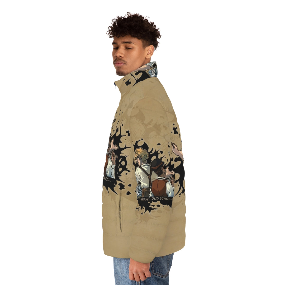 Ink splatter puffer jacket with artistic design - men side left