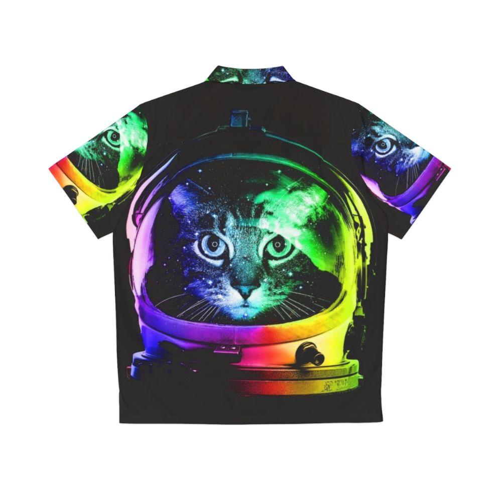 Astronaut cat wearing a colorful Hawaiian style shirt with a space and galaxy themed print - Back