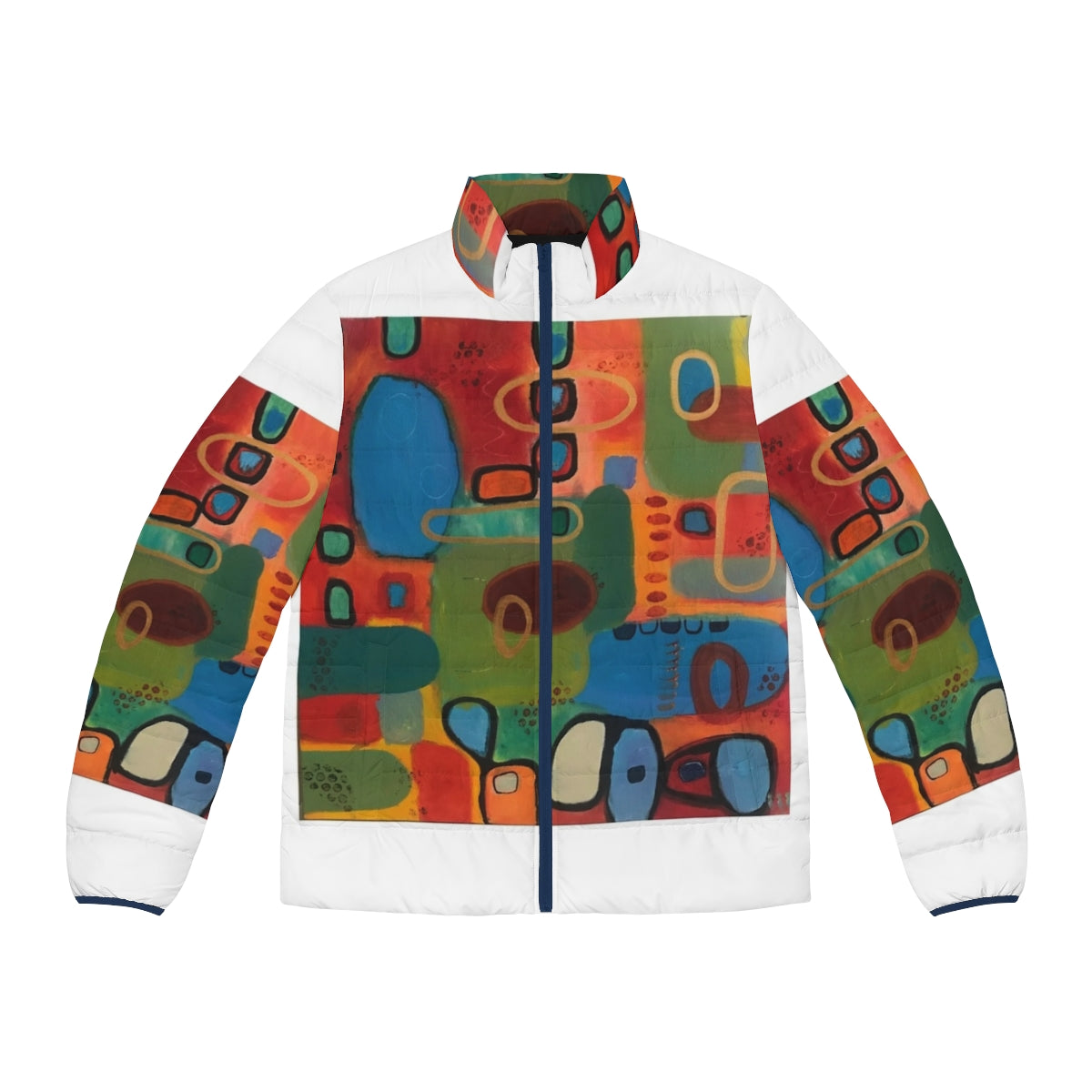 Primitive puffer jacket featuring a colorful abstract design with geometric shapes