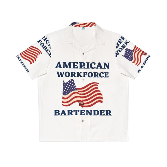 Bartender wearing patriotic Hawaiian shirt with American flag design