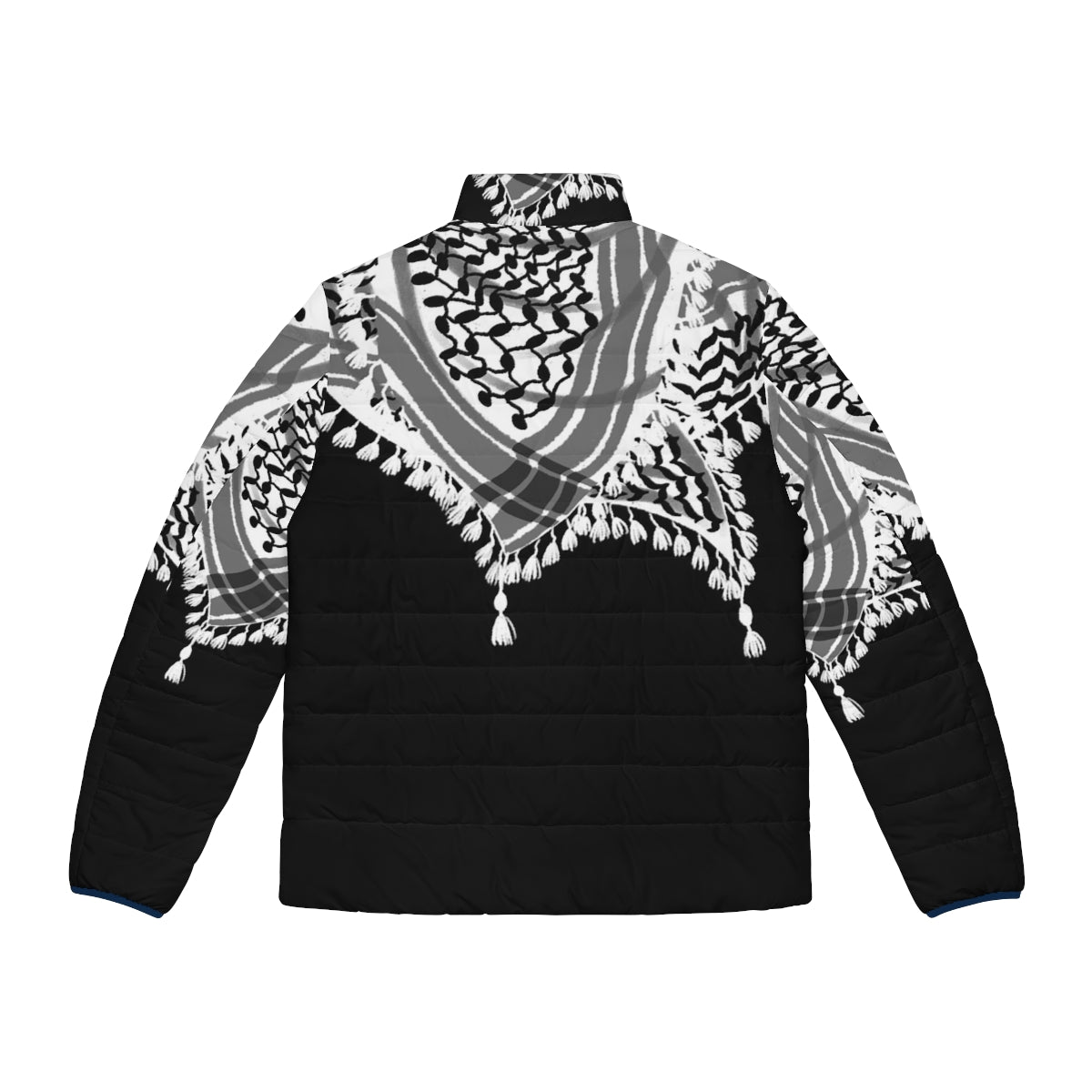 Keffiyeh-inspired puffer jacket with black and white Palestinian pattern - Back