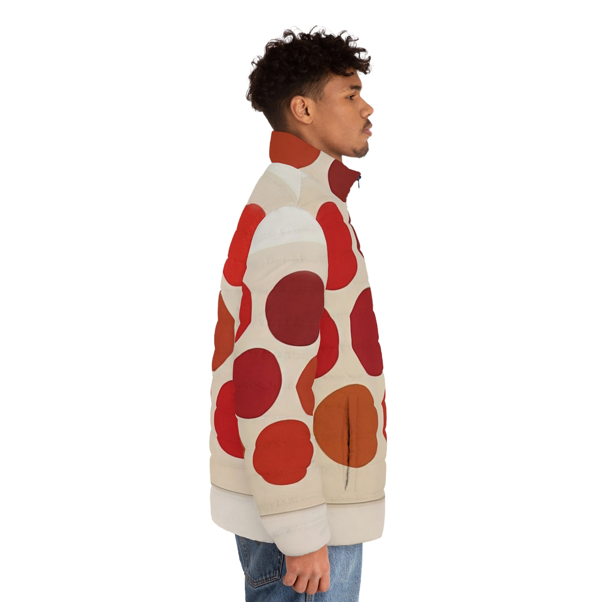 Red puffer jacket with vibrant dot patterns, designed by American artist Thomas Downing - men side right