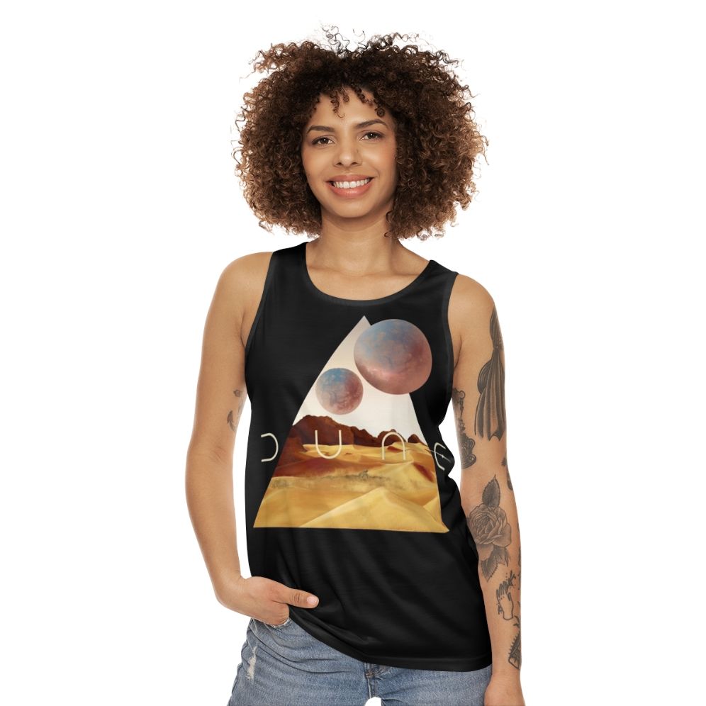 Dune movie inspired unisex tank top with desert and sandworm design - women