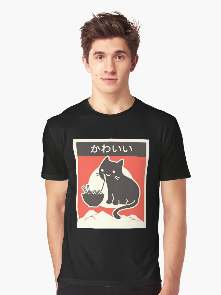 Vintage style graphic t-shirt featuring a kawaii ramen cat design in Japanese anime style - Men