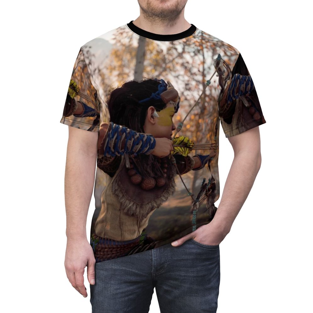 A high-quality t-shirt featuring a digital illustration of the character Aloy from the popular video game Horizon Zero Dawn, wielding a bow and arrow. - men front