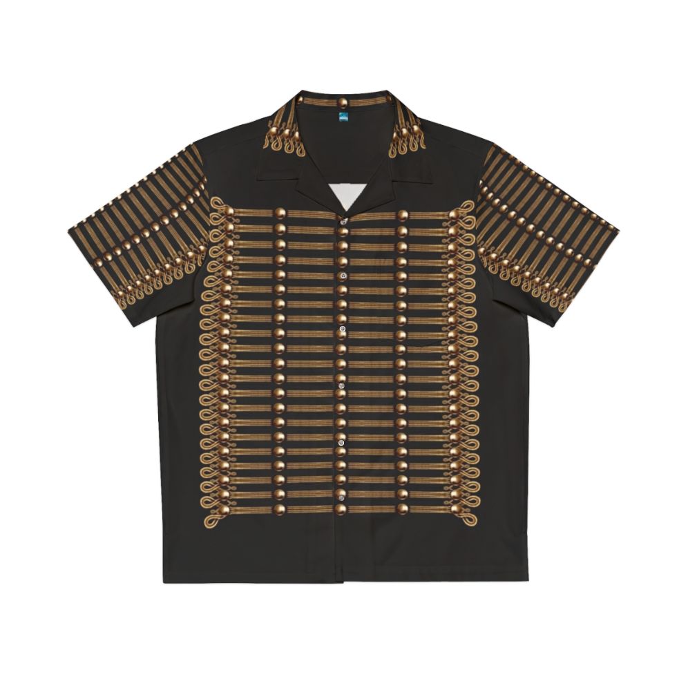 Hussar-inspired Hawaiian shirt with military-style patterns and colors