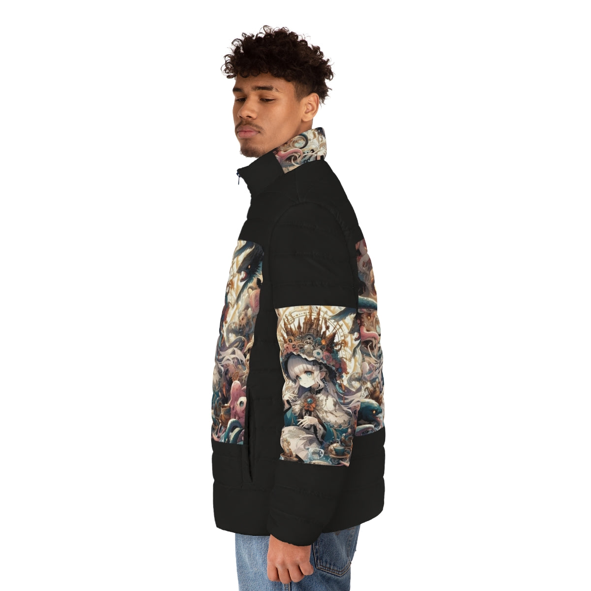 Anime-inspired puffer jacket with a kawaii design featuring a beautiful anime girl - men side left