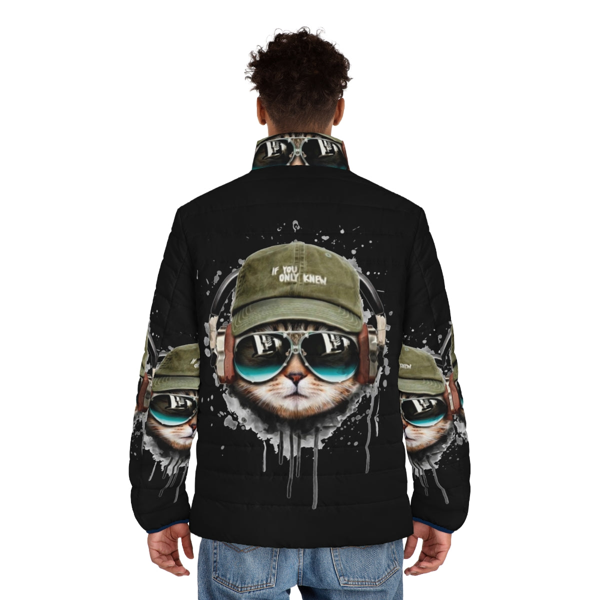 Stylish cat wearing a puffer jacket, headphones, and DJ sunglasses - men back