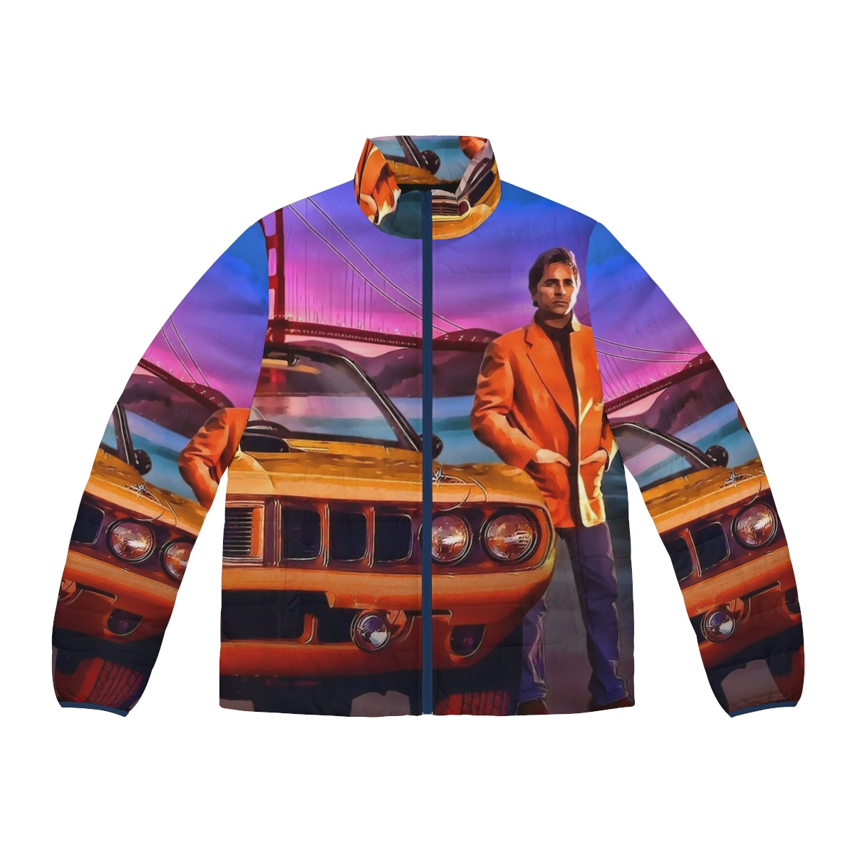 Nash Bridges Puffer Jacket with Don Johnson, Golden Gate Bridge, and Muscle Car