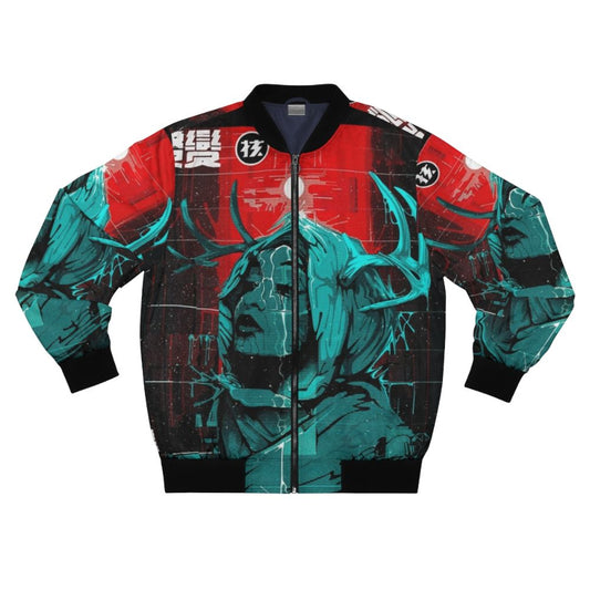 Cyberpunk urban style bomber jacket with glitch, vaporwave, and futuristic design elements