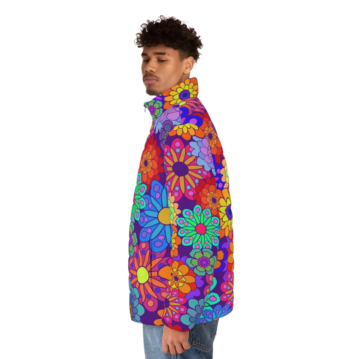 Colorful retro-style puffer jacket with flower power floral design - men side left