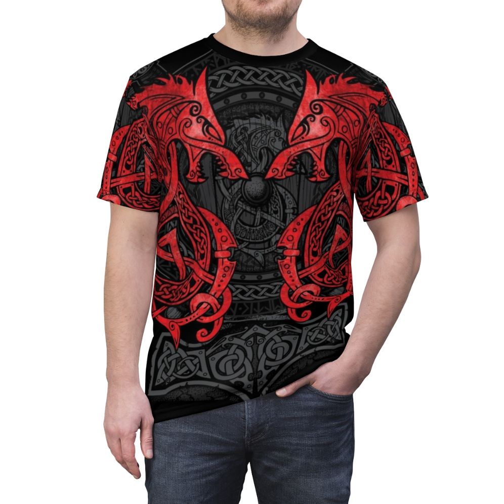 T-shirt featuring a Norse mythology-inspired design with the wolf Fenrir, Celtic knots, and runes - men front