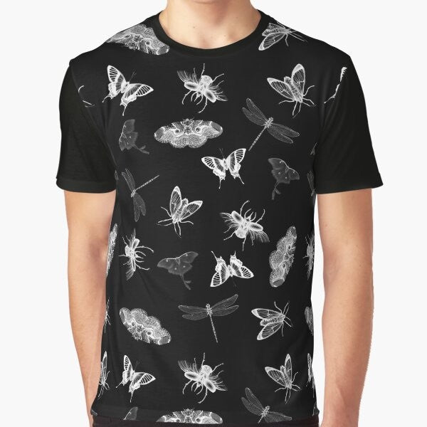 A black and white graphic t-shirt design featuring a pattern of various insects and bugs, including moths, butterflies, and dragonflies, for an entomology-inspired nightmare.