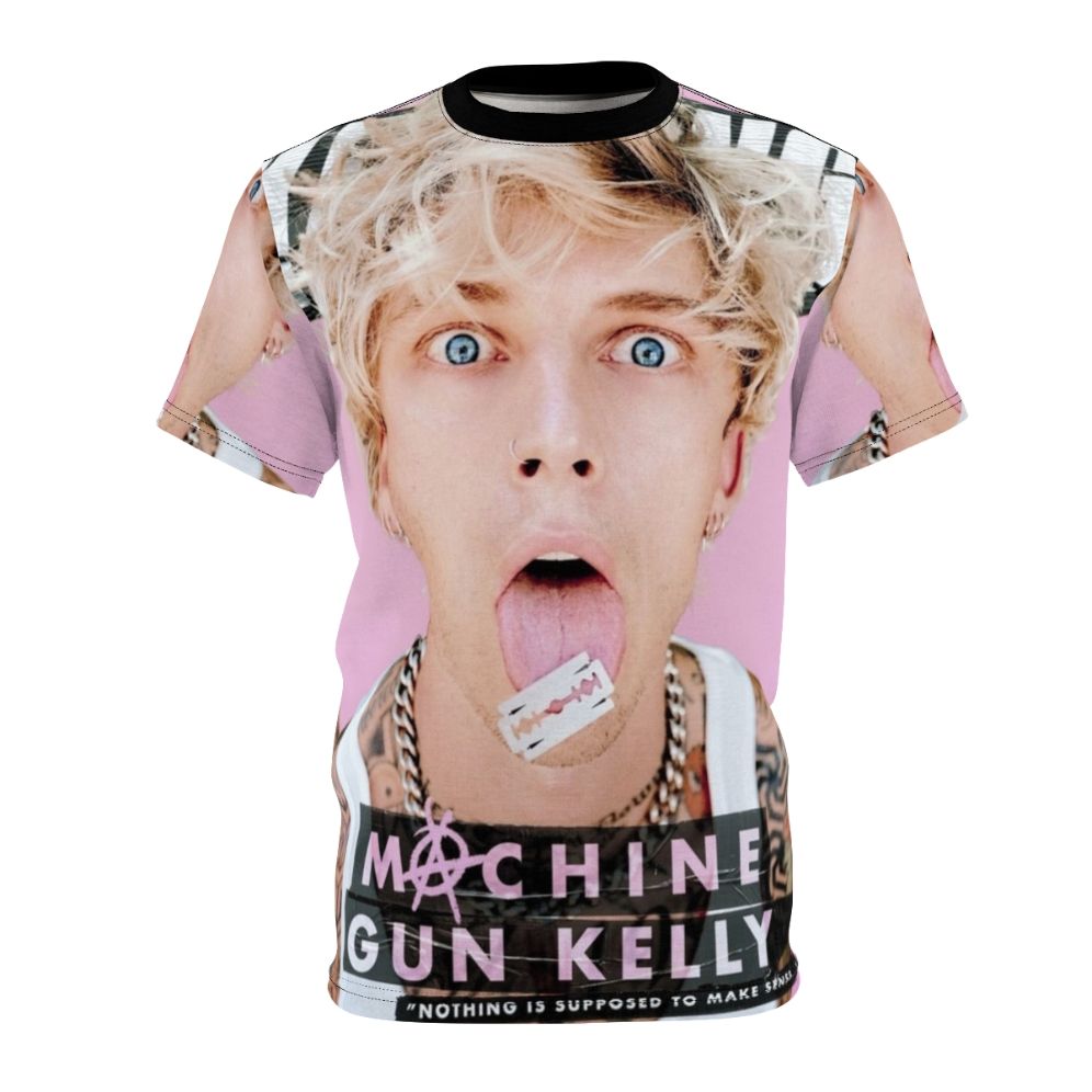 Crazy face blonde man graphic t-shirt featuring machine gun kelly and rap music imagery