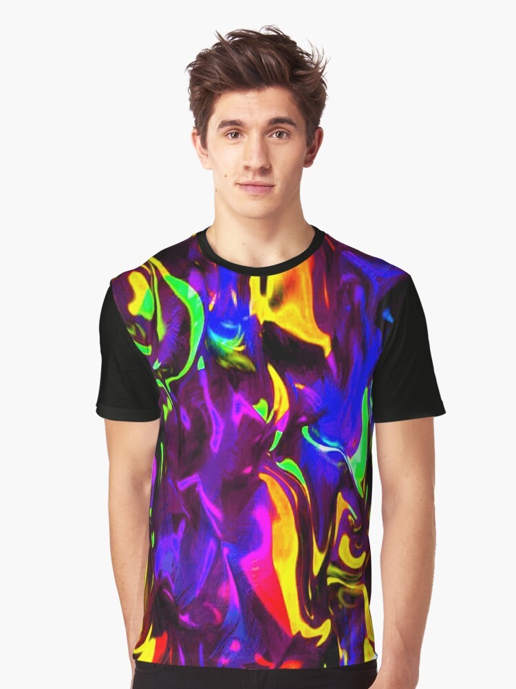 Vibrant neon and glow stick graphic t-shirt for a trippy rave party look. - Men