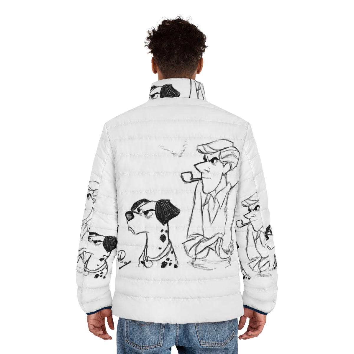 Pongo and Roger 101 Dalmatians inspired puffer jacket with digital sketch art - men back