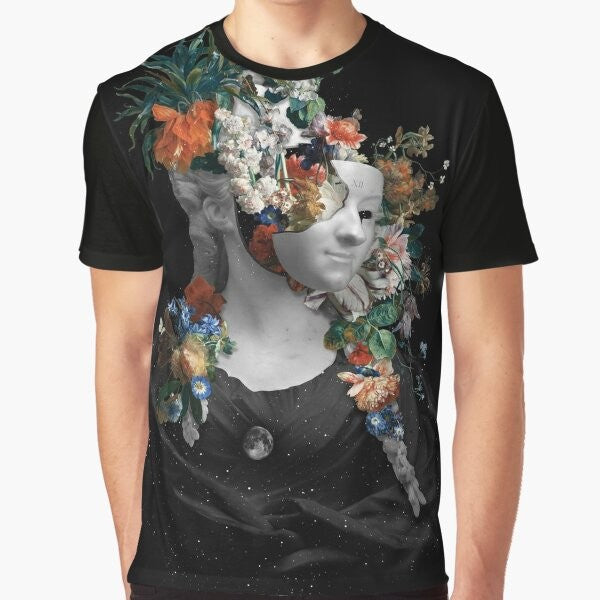 Surreal graphic design of a face with flowers, moon, and stars against a night sky on a spring t-shirt