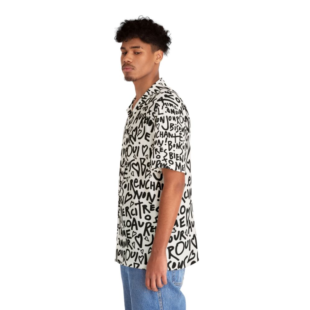 French-inspired Hawaiian shirt with "I Love You" phrase in white text on black and white background - People Left