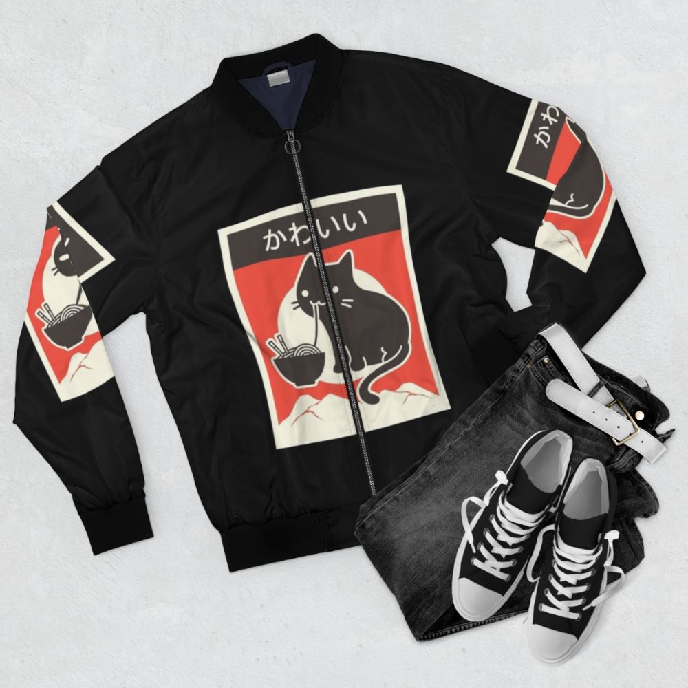 Vintage-style kawaii ramen bomber jacket with Japanese anime-inspired design - Flat lay