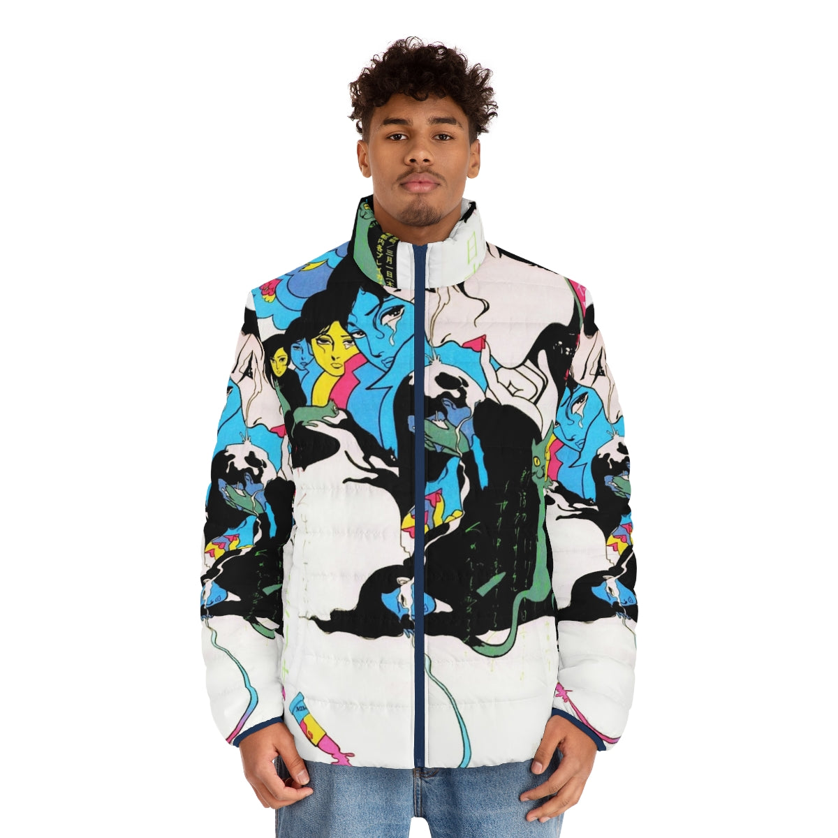 Vintage Kanashimi Puffer Jacket with colorful manga-inspired design featuring a crying cat and teardrop motif - men front