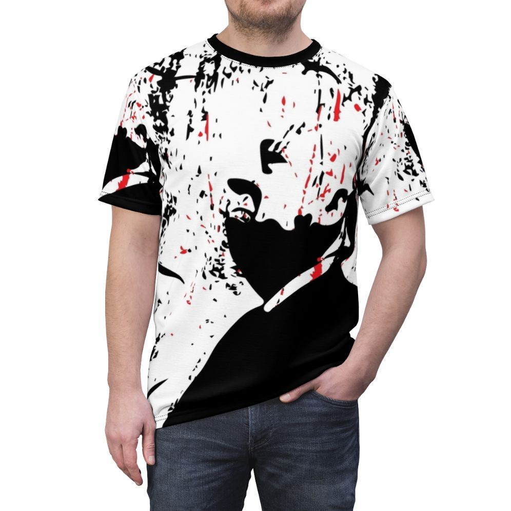 Vintage-style t-shirt design featuring Alfred Hitchcock, the master of suspense - men front