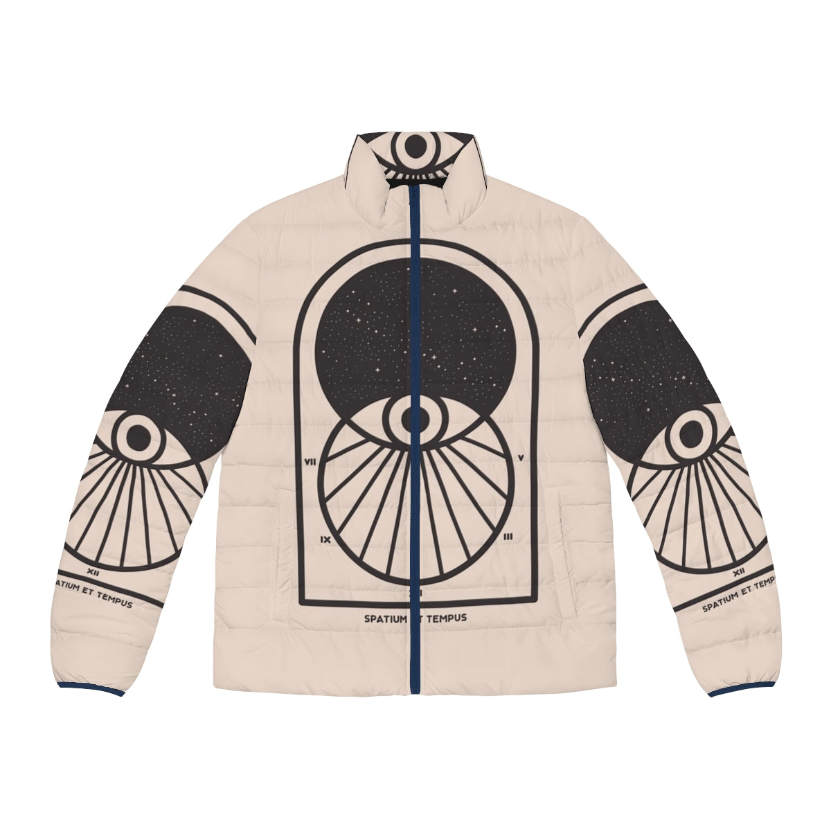 Futuristic space and time puffer jacket with minimalist art design