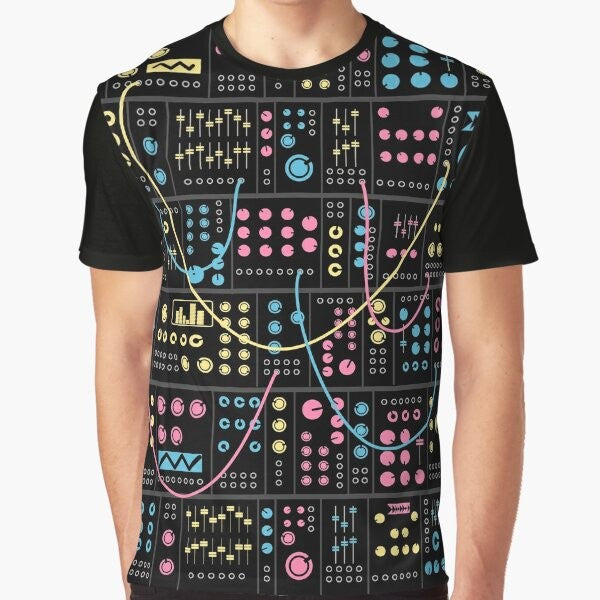 Modular synthesizer graphic t-shirt for electronic music enthusiasts, synth players, and music producers.