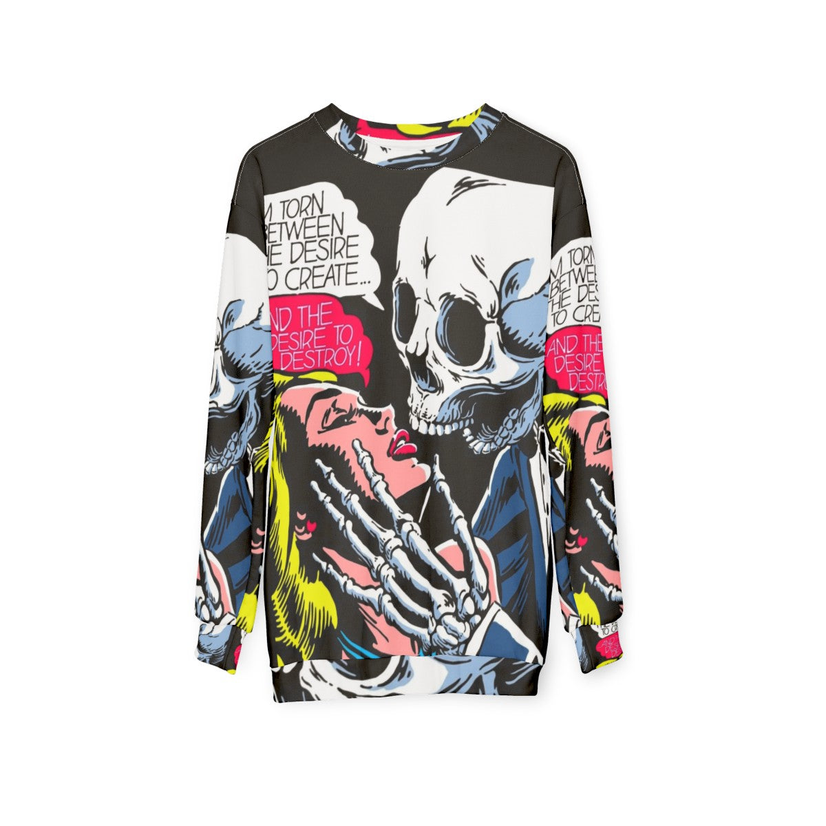 Desire Sweatshirt with Skull, Vintage Comics, and Romance Imagery - hanging