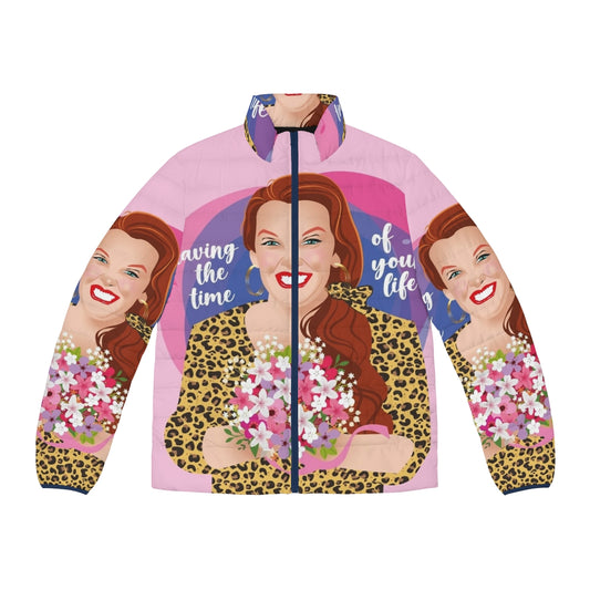 A vibrant and comfortable puffer jacket featuring a fun and colorful pop art design