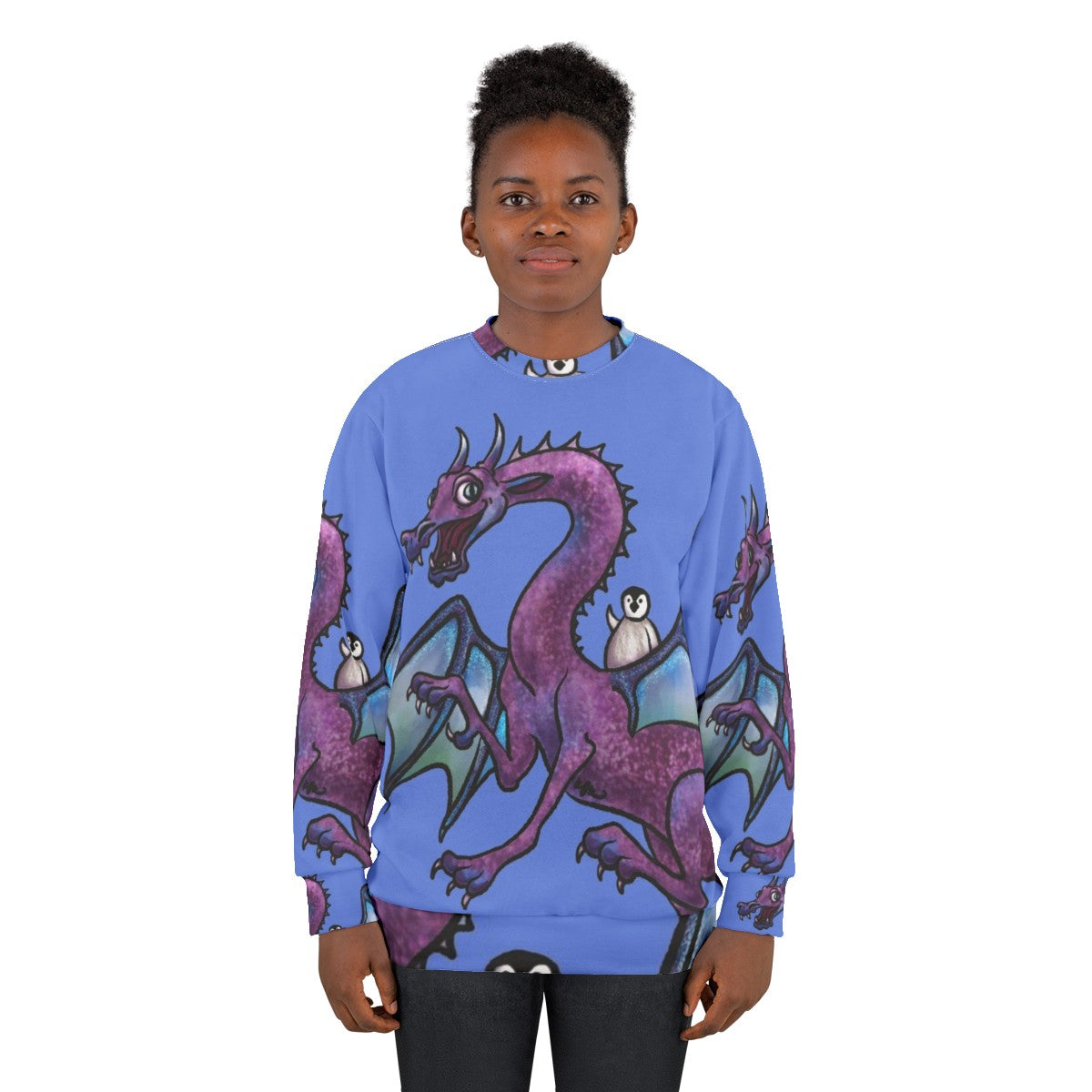 Penguin and dragon saving the day on a heroic fantasy sweatshirt - women