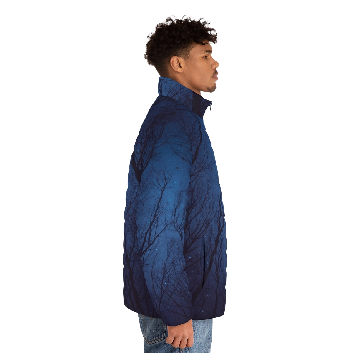 Puffer jacket with a cosmic design featuring a starry night sky, nebula, and abstract tree silhouettes - men side right