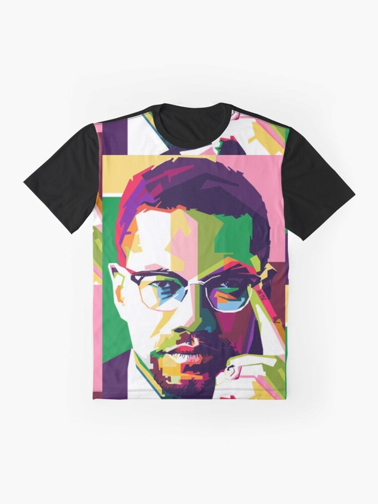 Graphic t-shirt featuring an image of Malcolm X, a prominent African American civil rights activist. - Flat lay