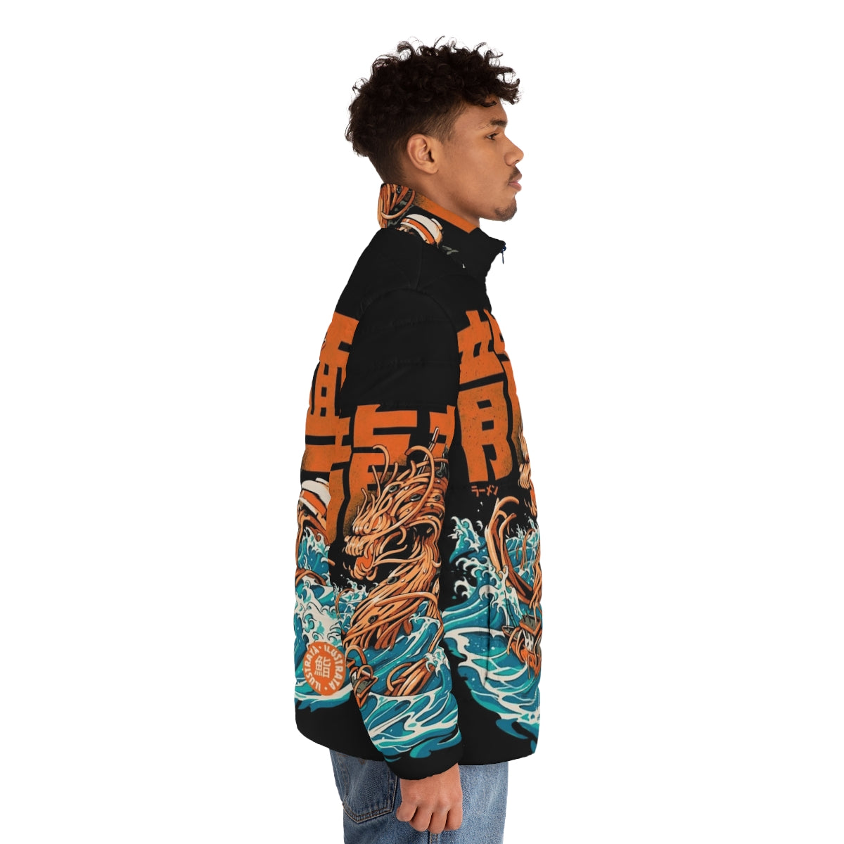 An anime-inspired puffer jacket featuring a ramen dragon design, inspired by the famous Kanagawa Wave artwork. - men side right