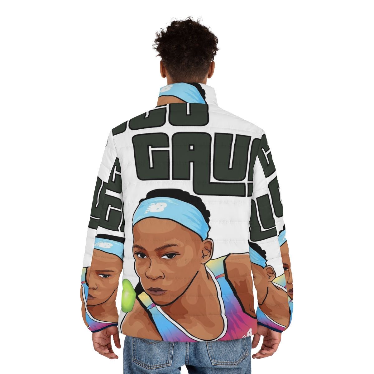 Coco Gauff Puffer Jacket with Clipart Design - men back