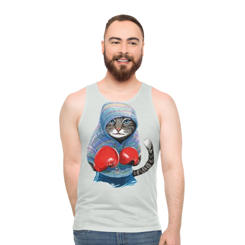 Unisex boxing cat tank top with cute animal pattern design - men