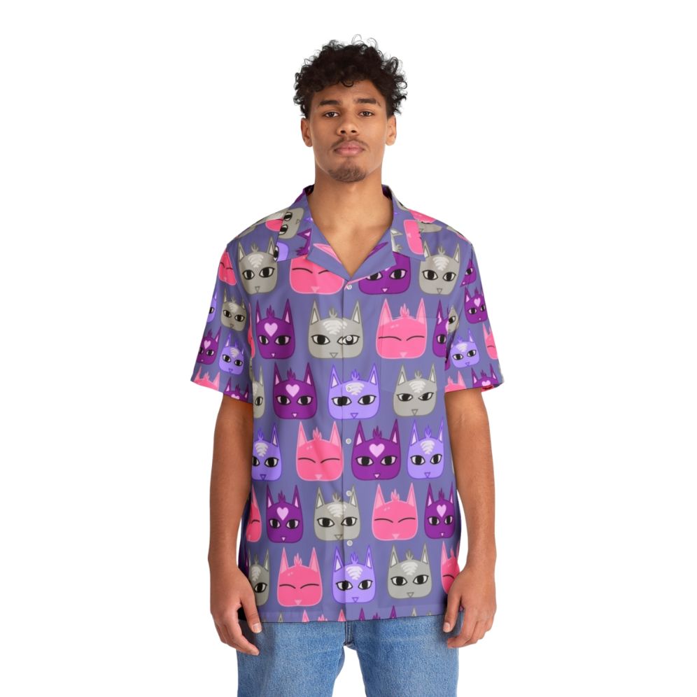 Vibrant hawaiian shirt with repeating cat pattern - People Front