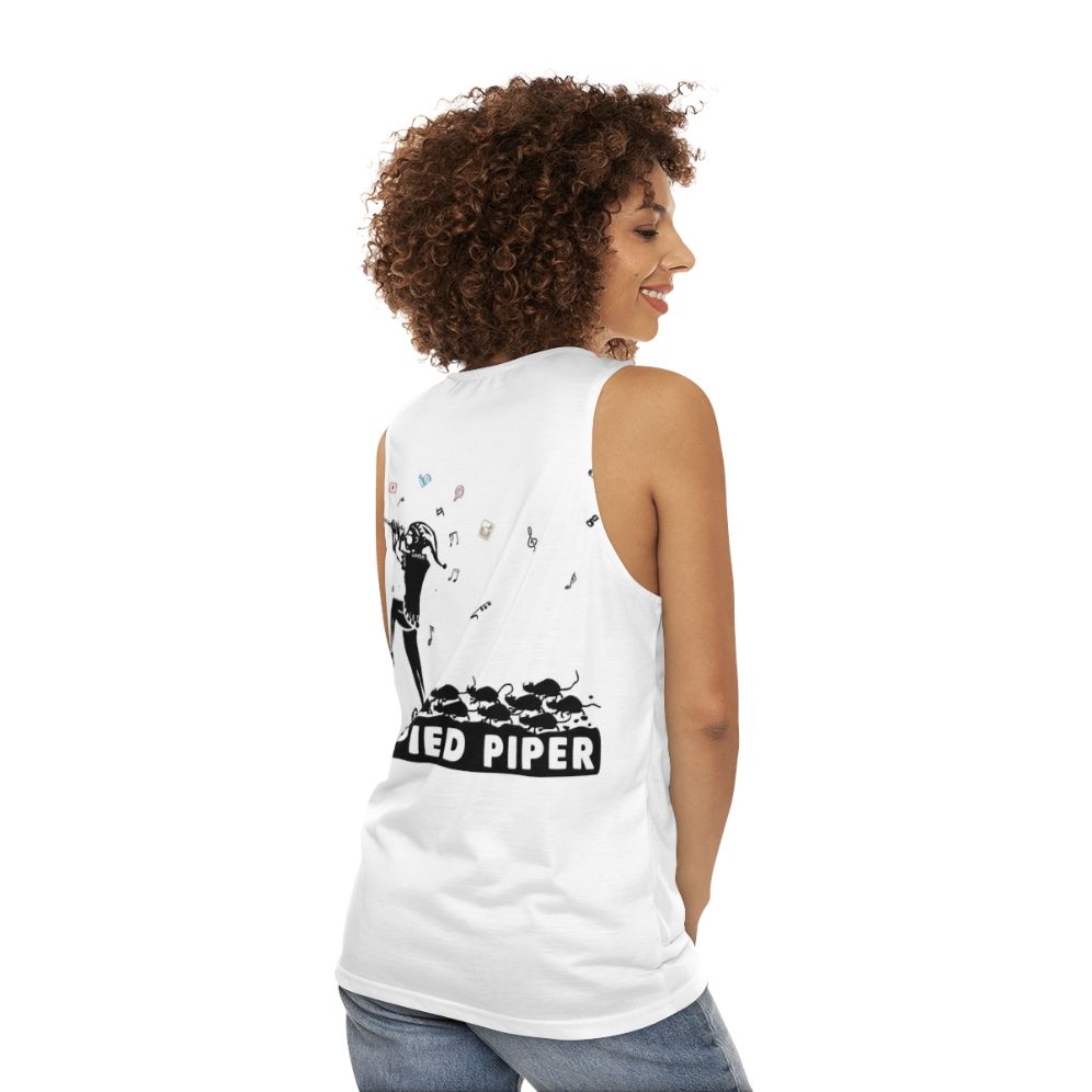 Pied Piper unisex tank top featuring a monotone, black and white design inspired by the classic fairy tale - women back