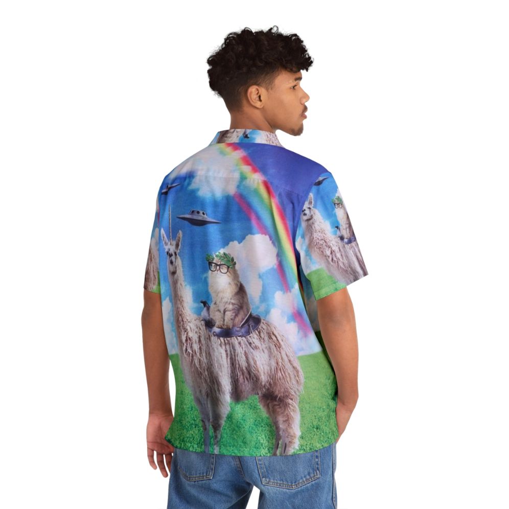 A vibrant Hawaiian shirt featuring a cat riding a llama unicorn in a space-themed cosmic design. - People Back