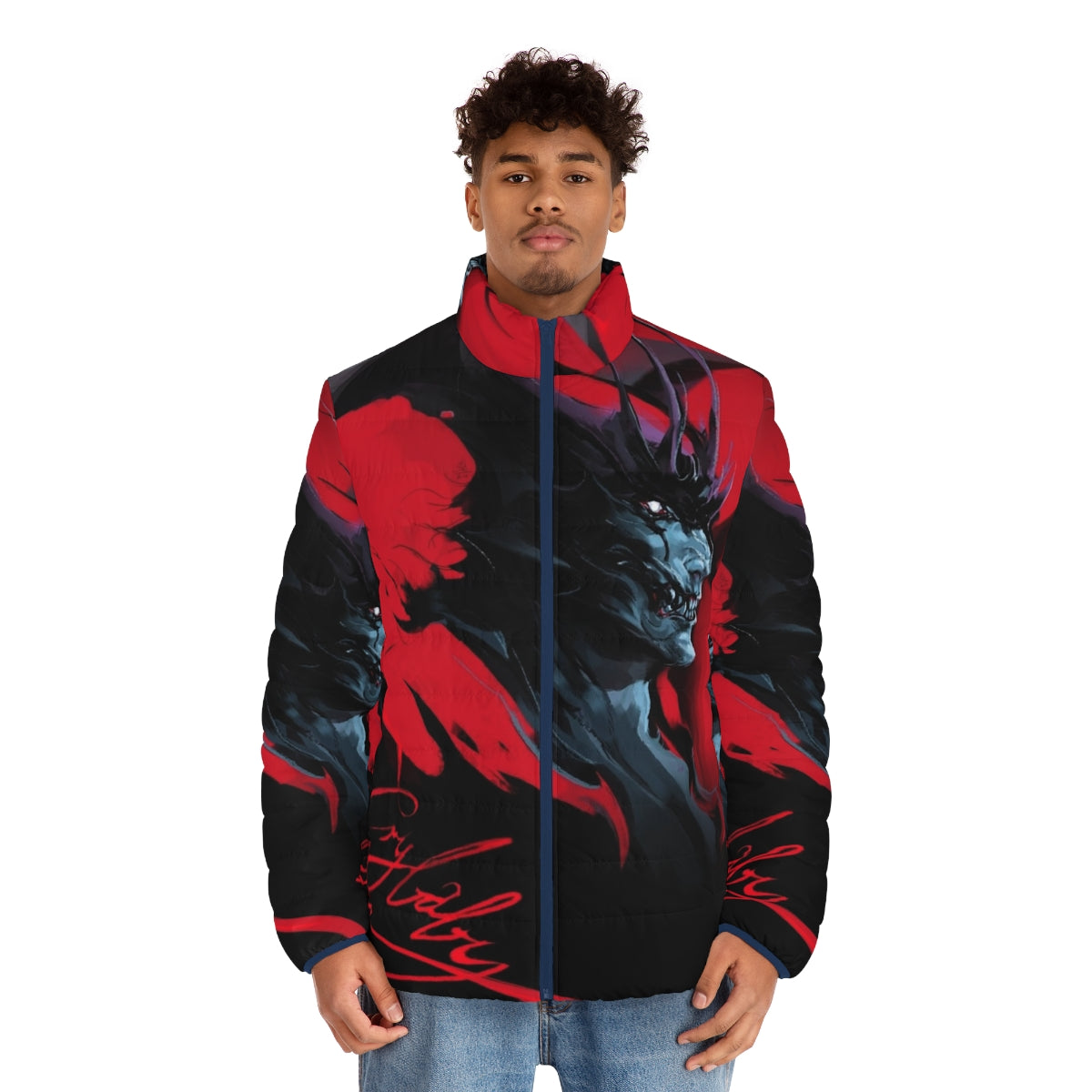 Devilman Crybaby inspired puffer jacket with demon design - men front