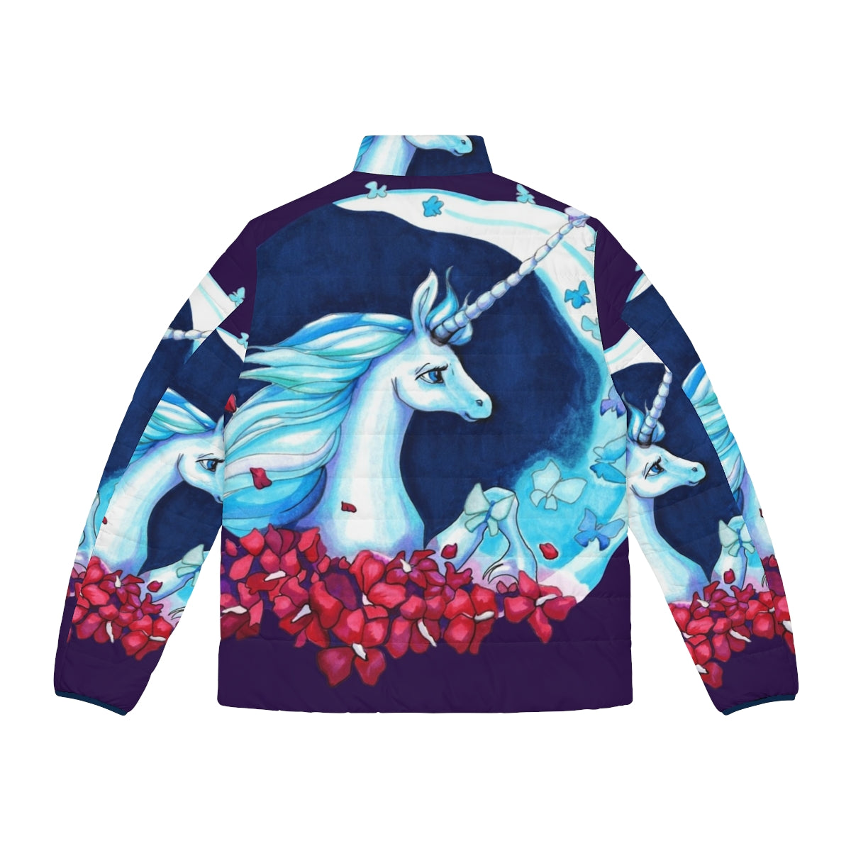 A whimsical puffer jacket featuring the iconic unicorn from the beloved fantasy film "The Last Unicorn" - Back