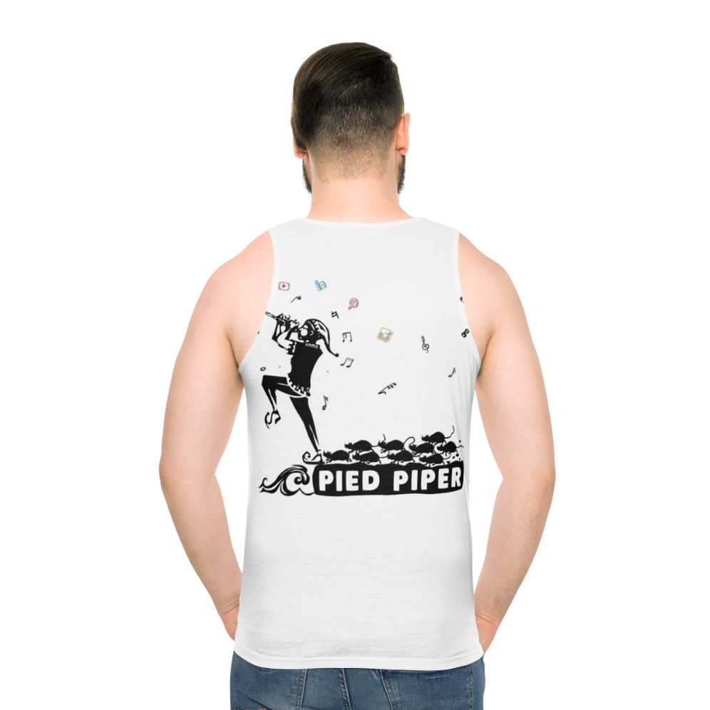 Pied Piper unisex tank top featuring a monotone, black and white design inspired by the classic fairy tale - men back