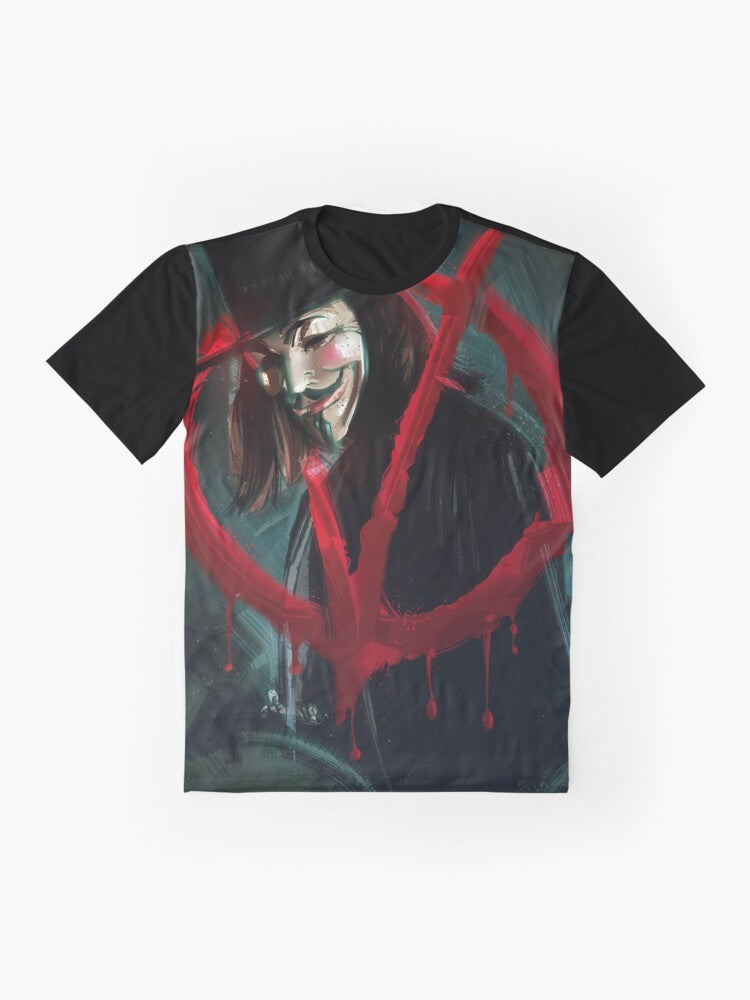 "V for Vendetta" graphic tee featuring the iconic Guy Fawkes mask, a symbol of revolution and activism - Flat lay